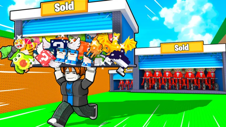 Player hauling collectibles between two storage containers filled with brainrot characters and motorcycles