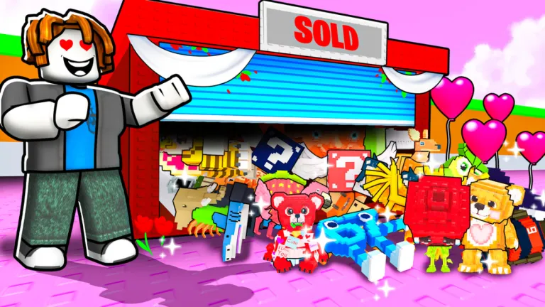 Valentine's Day event area in Catch a Brainrot Container with pink ground heart balloons and red decorated containers