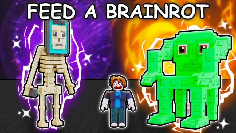Tall skeletal brainrot with a phone head and green blocky elephant creature with a Roblox player standing between them