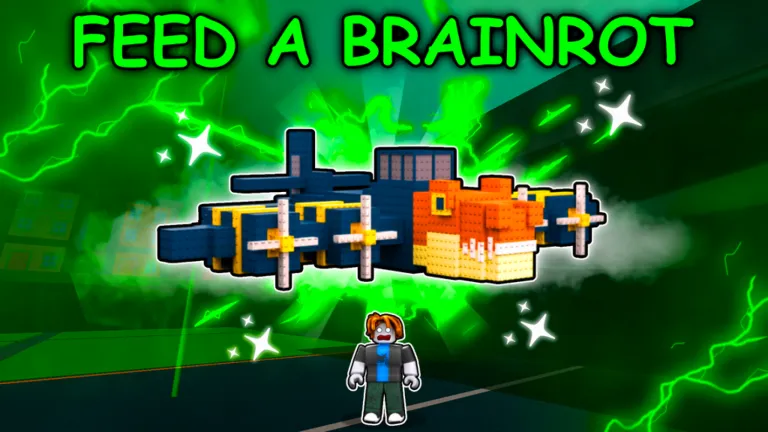 Massive blue-and-orange battleship brainrot creature hovering above a player surrounded by green lightning effects