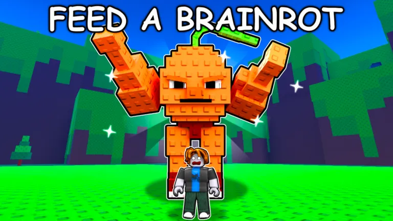 Giant orange pumpkin-like fruit brainrot raising both arms while a Roblox player stands at its feet on a green field