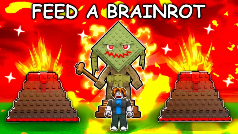 Green pyramid-headed brainrot creature with red eyes holding a staff between brick pyramids with fiery explosions