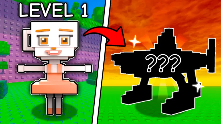 Level 1 small white-headed brainrot on a green field with arrow pointing to a blacked-out mystery evolved form