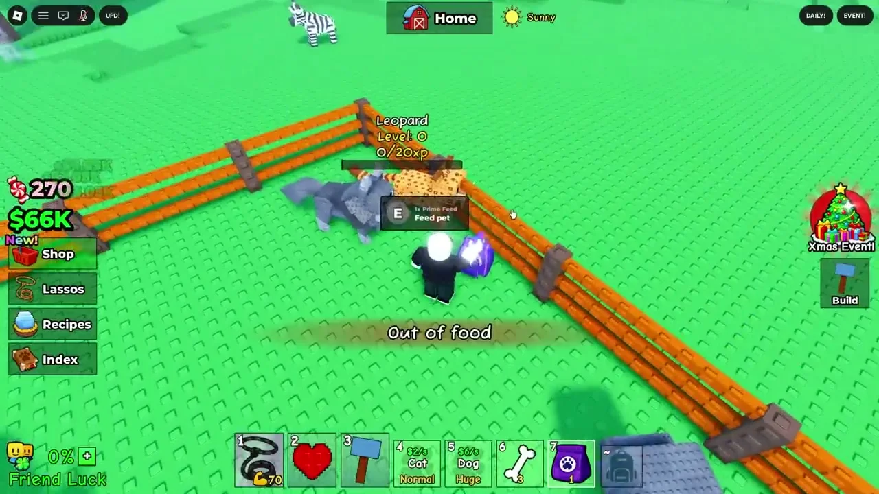 Pet pen management system showing feeding and XP in Catch And Tame