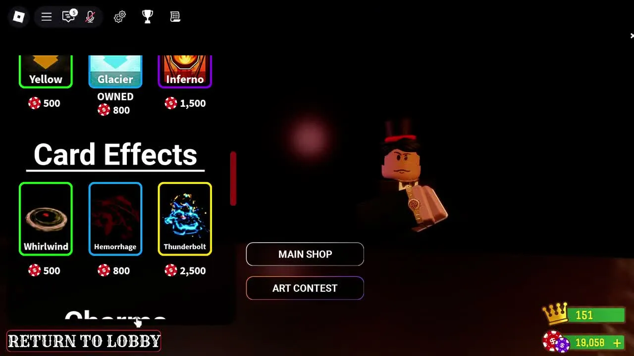 Hitman Card Game shop screen showing card effects and skins with chip prices