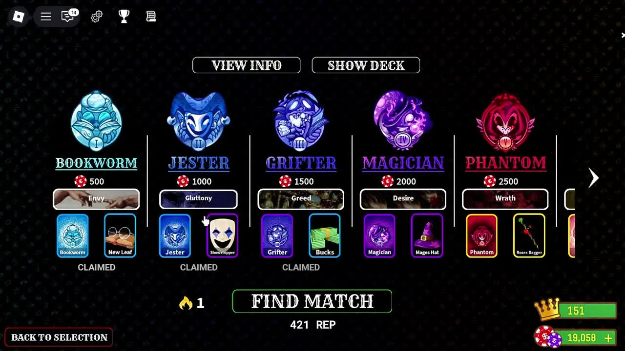 Hitman Card Game class selection — Bookworm, Jester, Grifter, Magician, and Phantom ranks