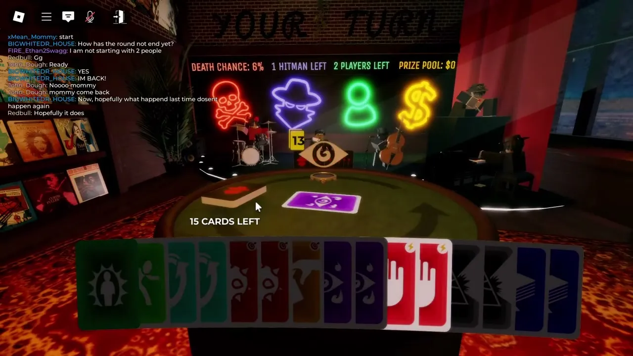 Hitman Card Game match in progress — full hand of cards, 6% death chance, YOUR TURN banner