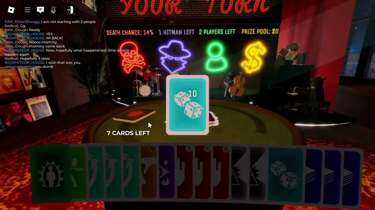 Hitman Card Game mid-game tension — death chance rising to 14%, only 7 cards left in deck