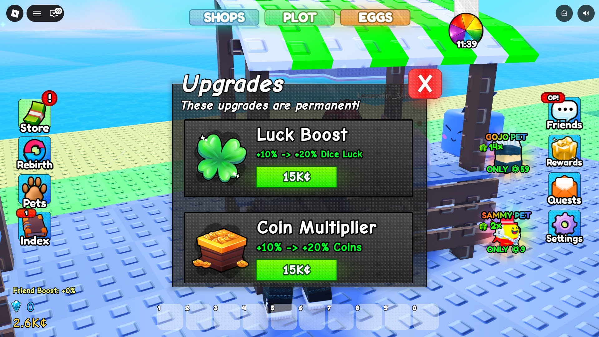 Spin a Baddie upgrade shop showing Luck Boost and Coin Multiplier