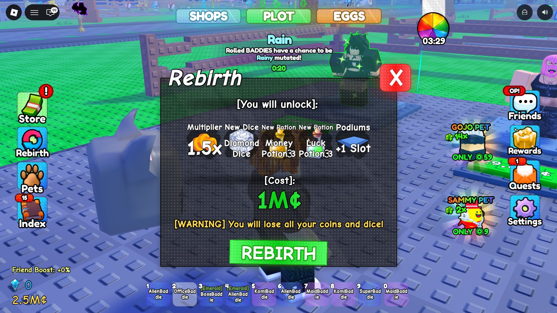 Spin a Baddie rebirth menu with rewards and requirements