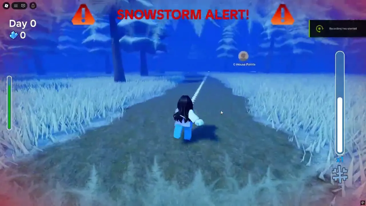 Survive the Cold snowstorm alert on a frozen forest path